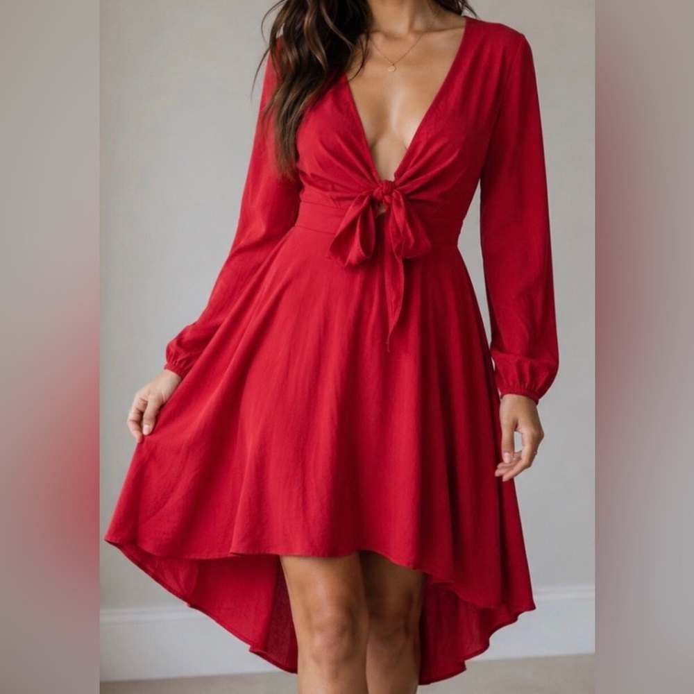 Petal and Pup High Low Dress Wine Red Long Sleeve Front Tie Size 6